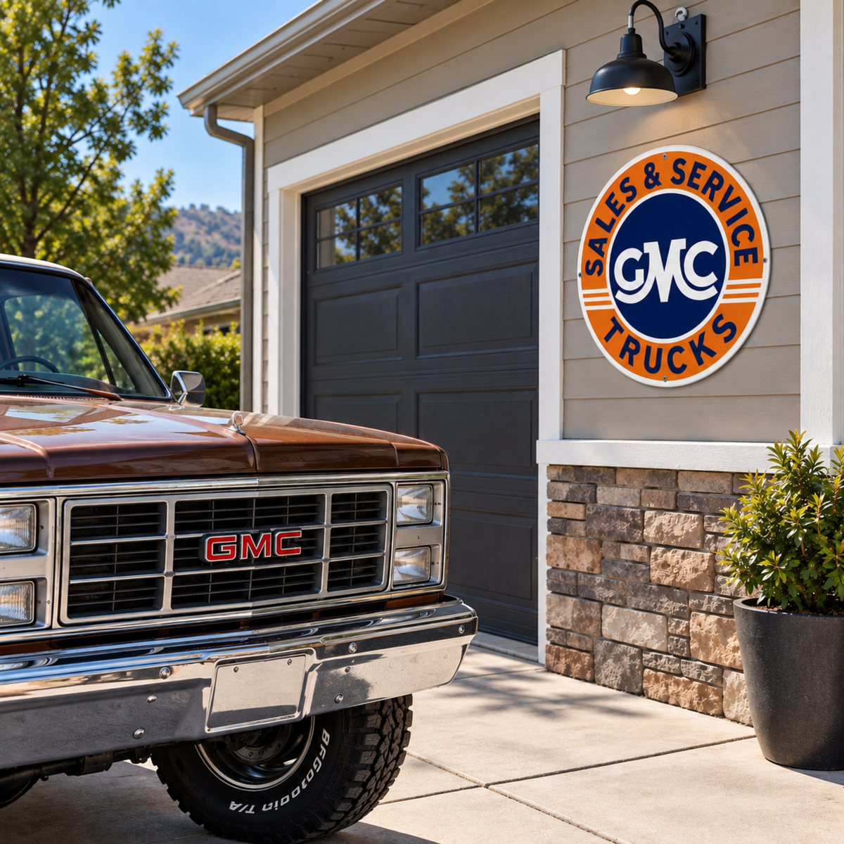 GMC Trucks Sales & Service round sign displayed in a garage setting beside a classic GMC truck.