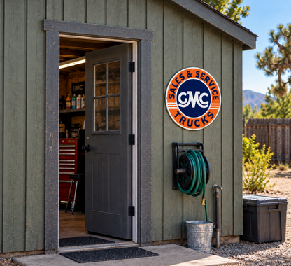 GMC Trucks Sales & Service round sign displayed at an automotive workshop entrance.