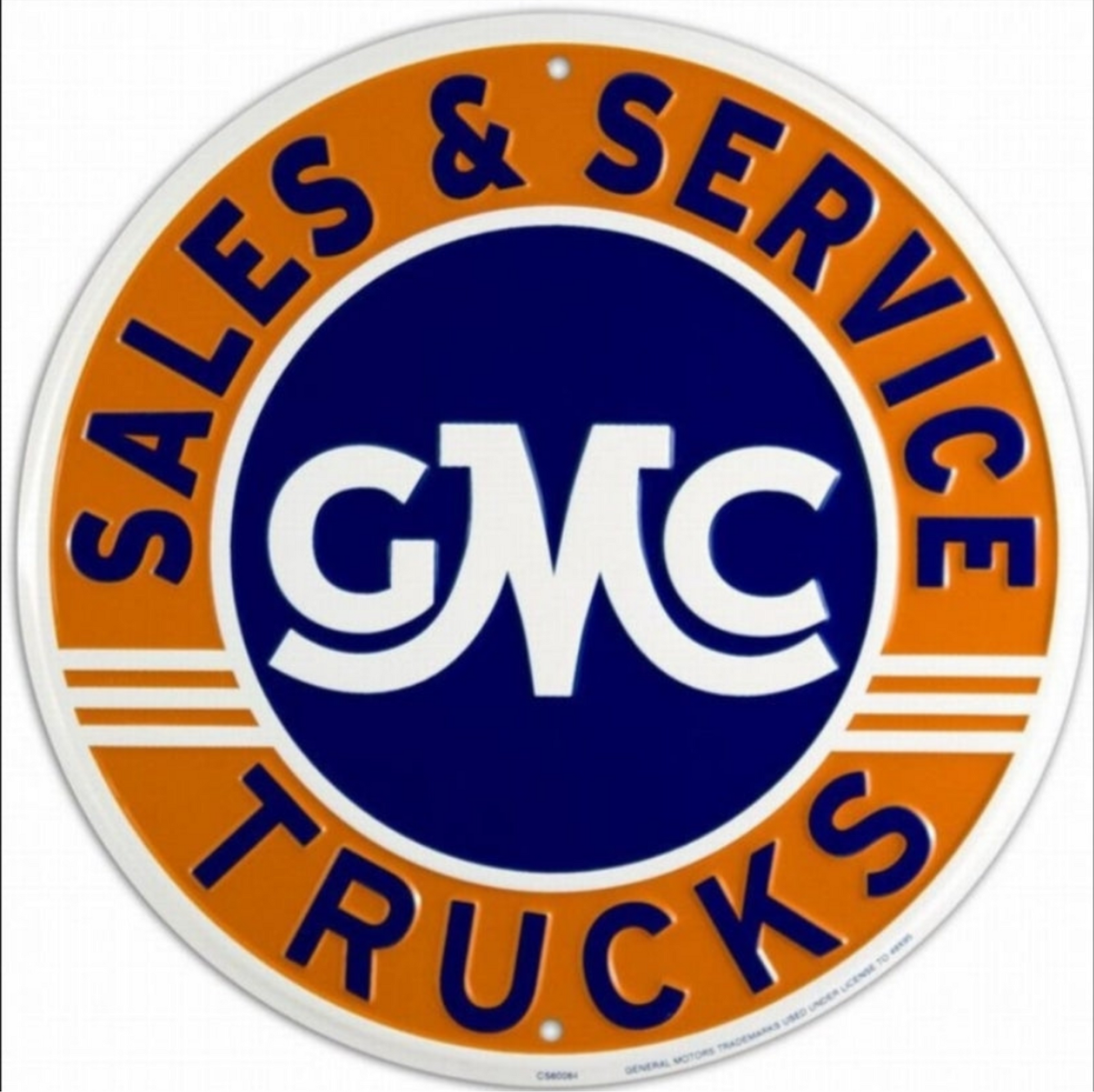 GMC Trucks Sales & Service embossed round aluminum sign in orange, blue, and white, available in 12 inch and 24 inch diameter.
