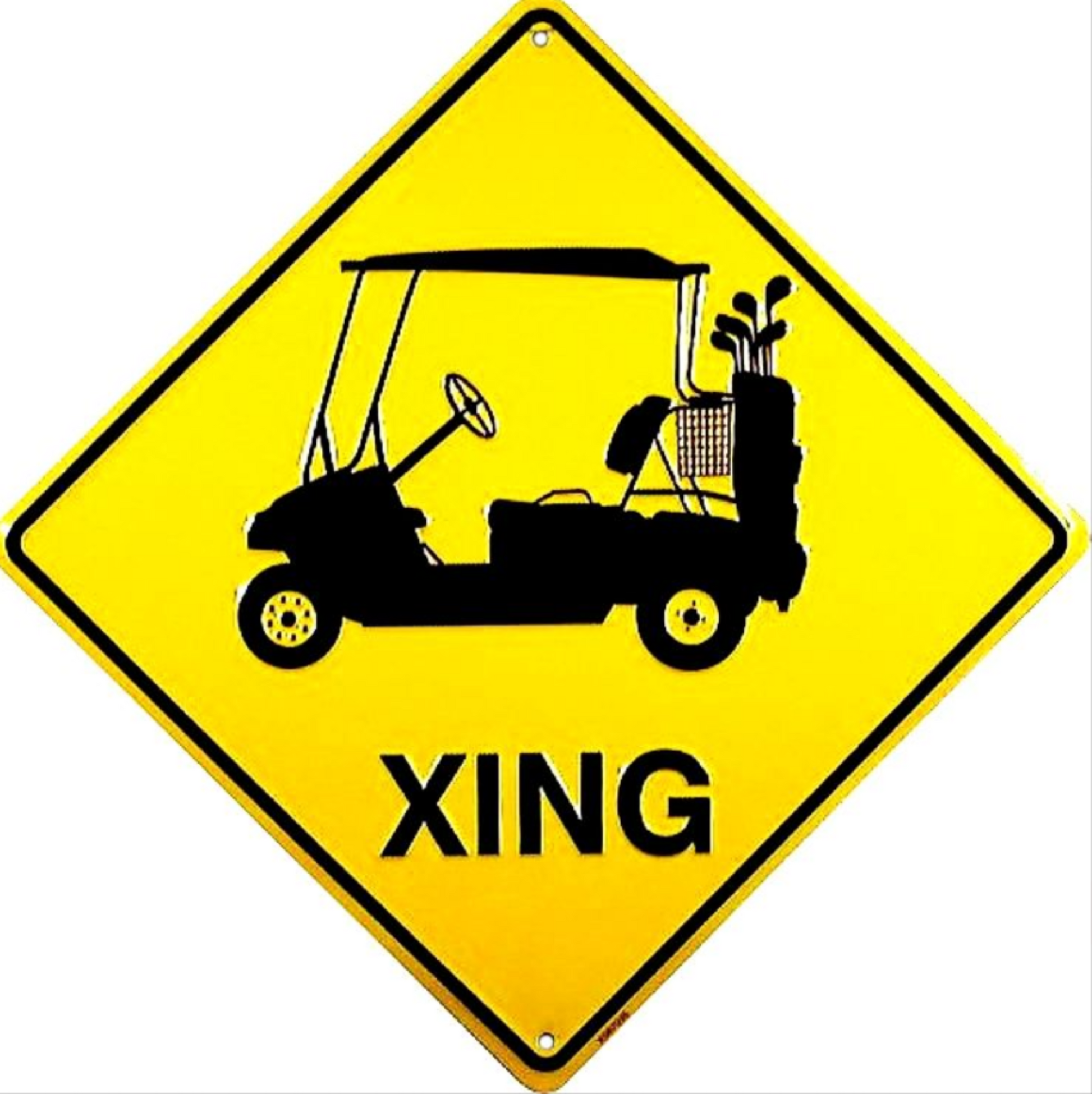 Golf cart crossing warning embossed aluminum sign in yellow and black, 12" Diameter.