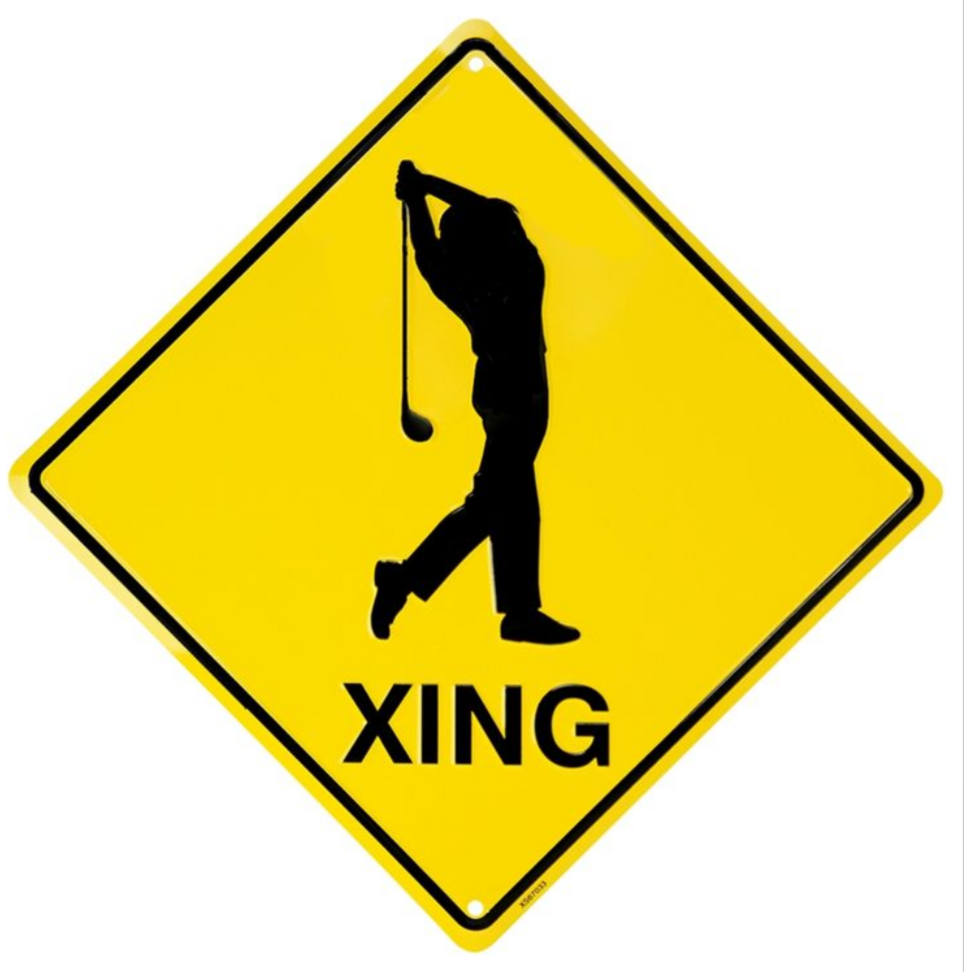 Golfer crossing warning embossed aluminum sign in yellow and black, 12" Diameter.