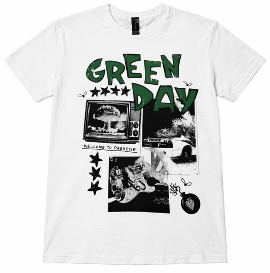 White Green Day “Welcome to Paradise” t-shirt with black and green silkscreen print featuring collage artwork