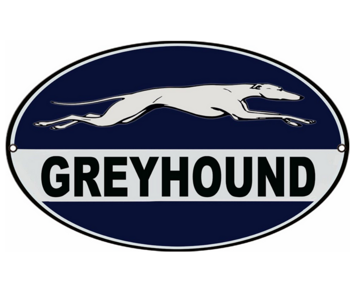 Classic Greyhound Bus Station oval metal sign featuring the running Greyhound logo on a blue and white oval design.