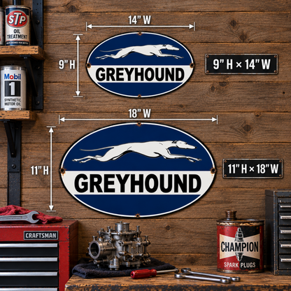 Greyhound Bus Station oval metal signs shown together in 9"H × 14"W and 11"H × 18"W sizes for comparison.