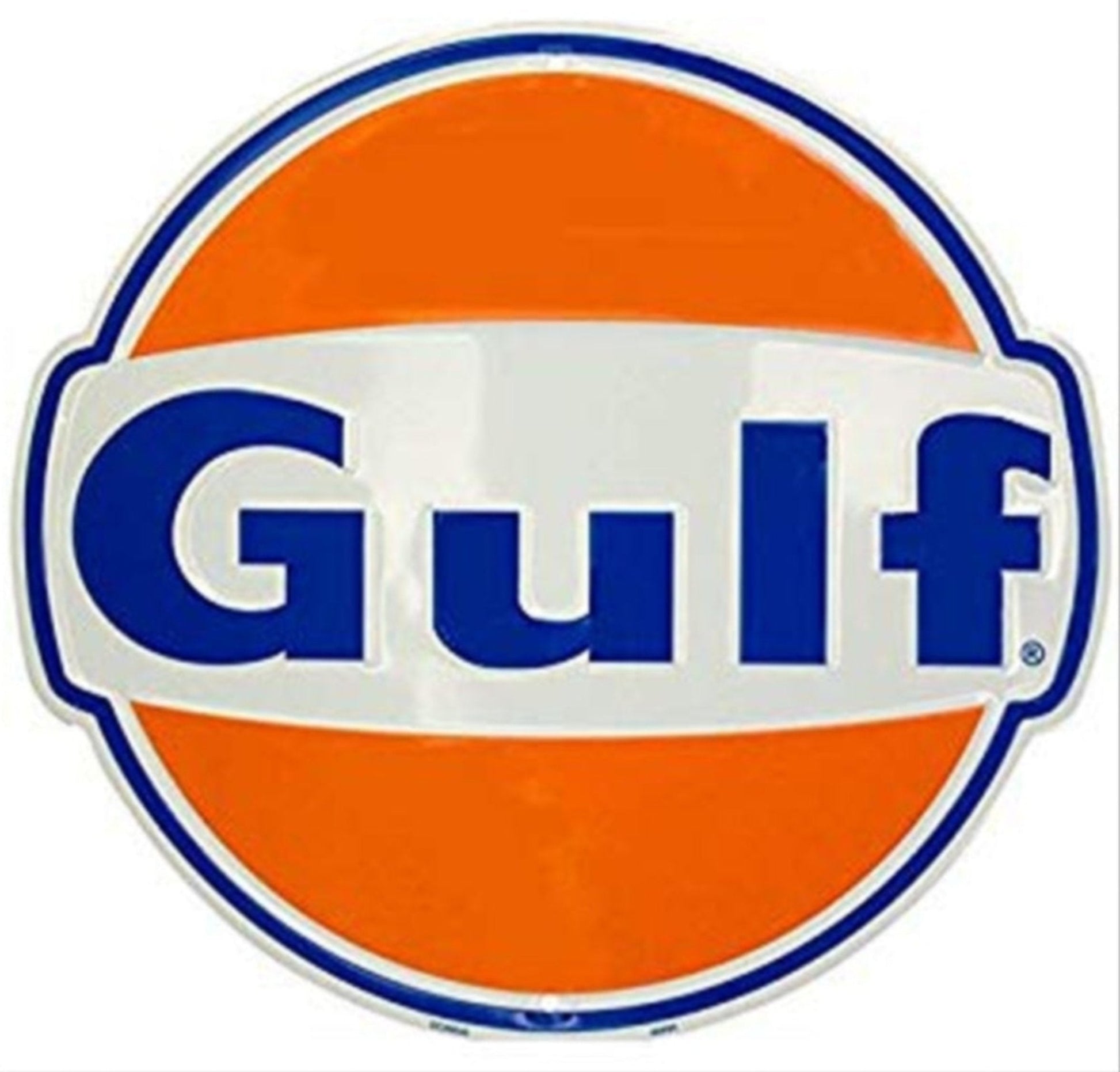 Gulf Gas & Oil embossed round aluminum sign featuring the classic orange, white, and blue Gulf service station logo, available in 12" and 24" diameters.