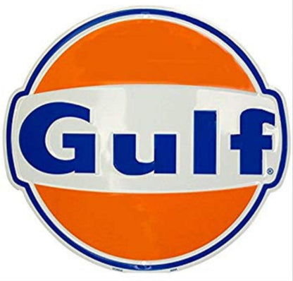 Gulf Gas & Oil embossed round aluminum sign featuring the classic orange, white, and blue Gulf service station logo, available in 12" and 24" diameters.