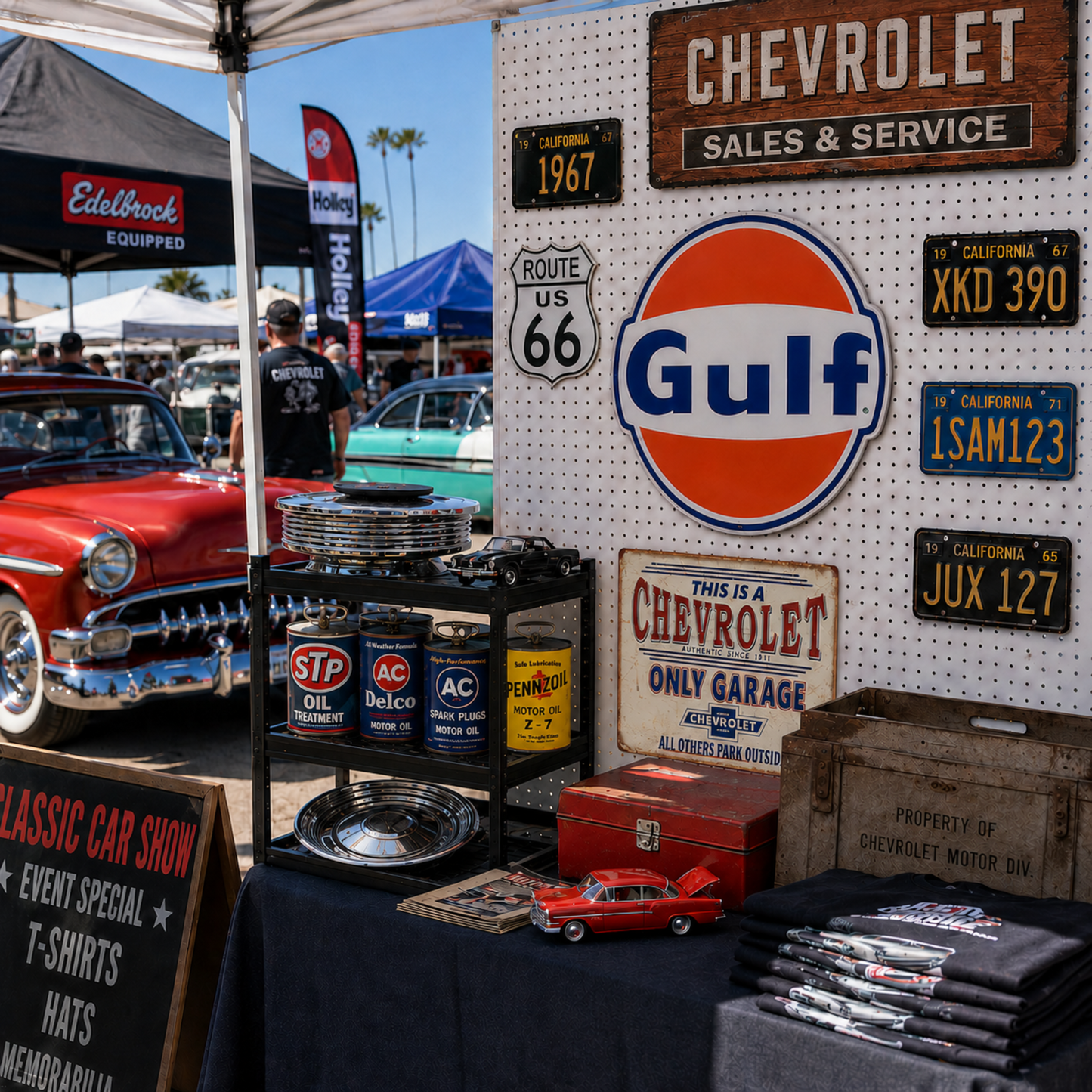 Gulf Gas & Oil embossed round aluminum sign displayed in an automotive vendor booth surrounded by Chevrolet signs, oil cans, license plates, and garage collectibles.