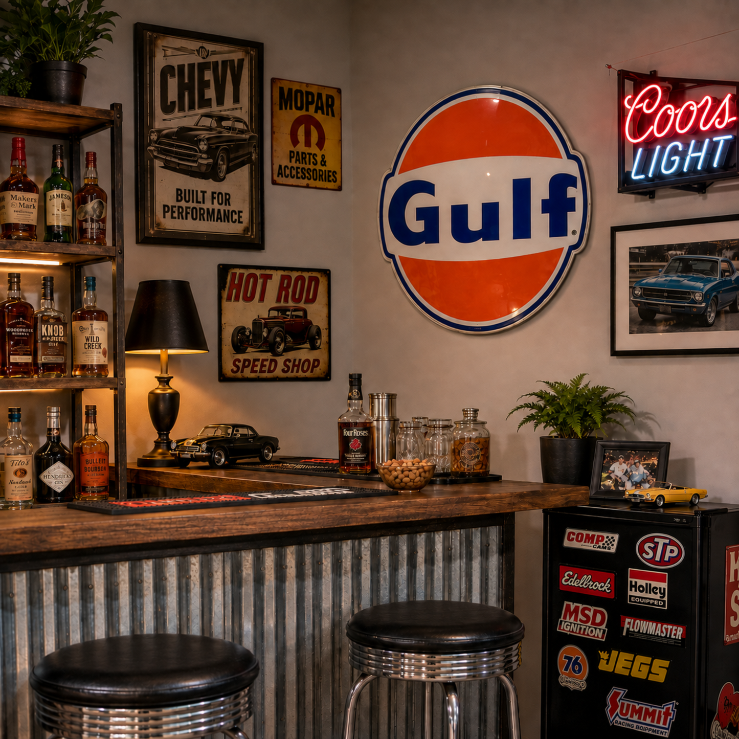 Large Gulf Gas & Oil embossed round aluminum sign displayed in a vintage garage bar with stools, framed automotive signs, shelves, and petroleum memorabilia.