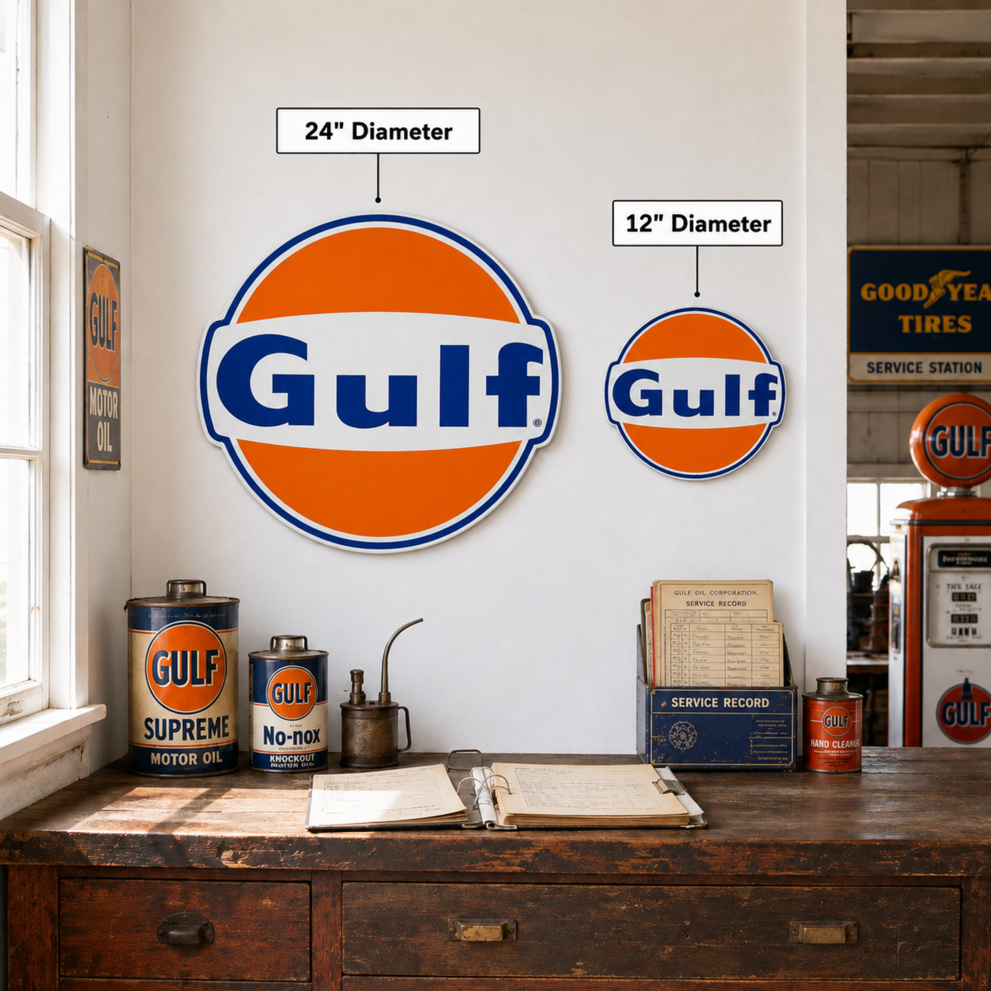 Gulf Gas & Oil embossed round aluminum signs in 12" and 24" sizes displayed together on a wall above a vintage garage workbench.