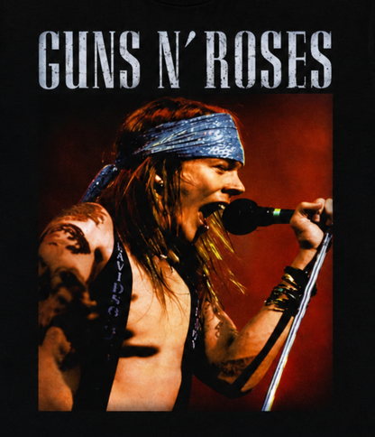 Guns N’ Roses Axl Rose live concert rock T-shirt featuring Axl singing in his blue patterned bandana against a deep red stage backdrop, a standout choice for classic rock and GNR fans.