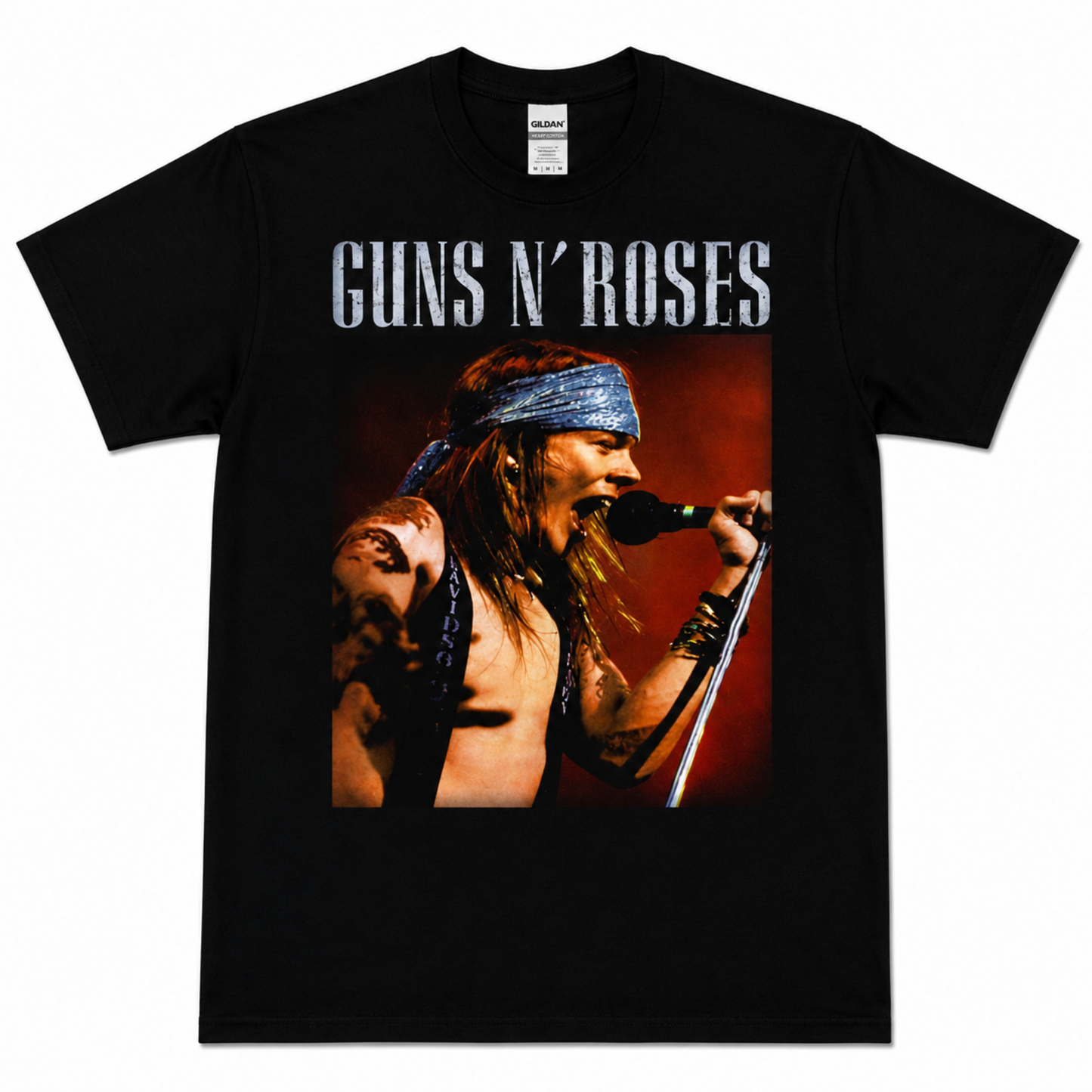 Guns N’ Roses Axl Rose live concert rock T-shirt featuring Axl singing in his blue patterned bandana against a deep red stage backdrop, a standout choice for classic rock and GNR fans.