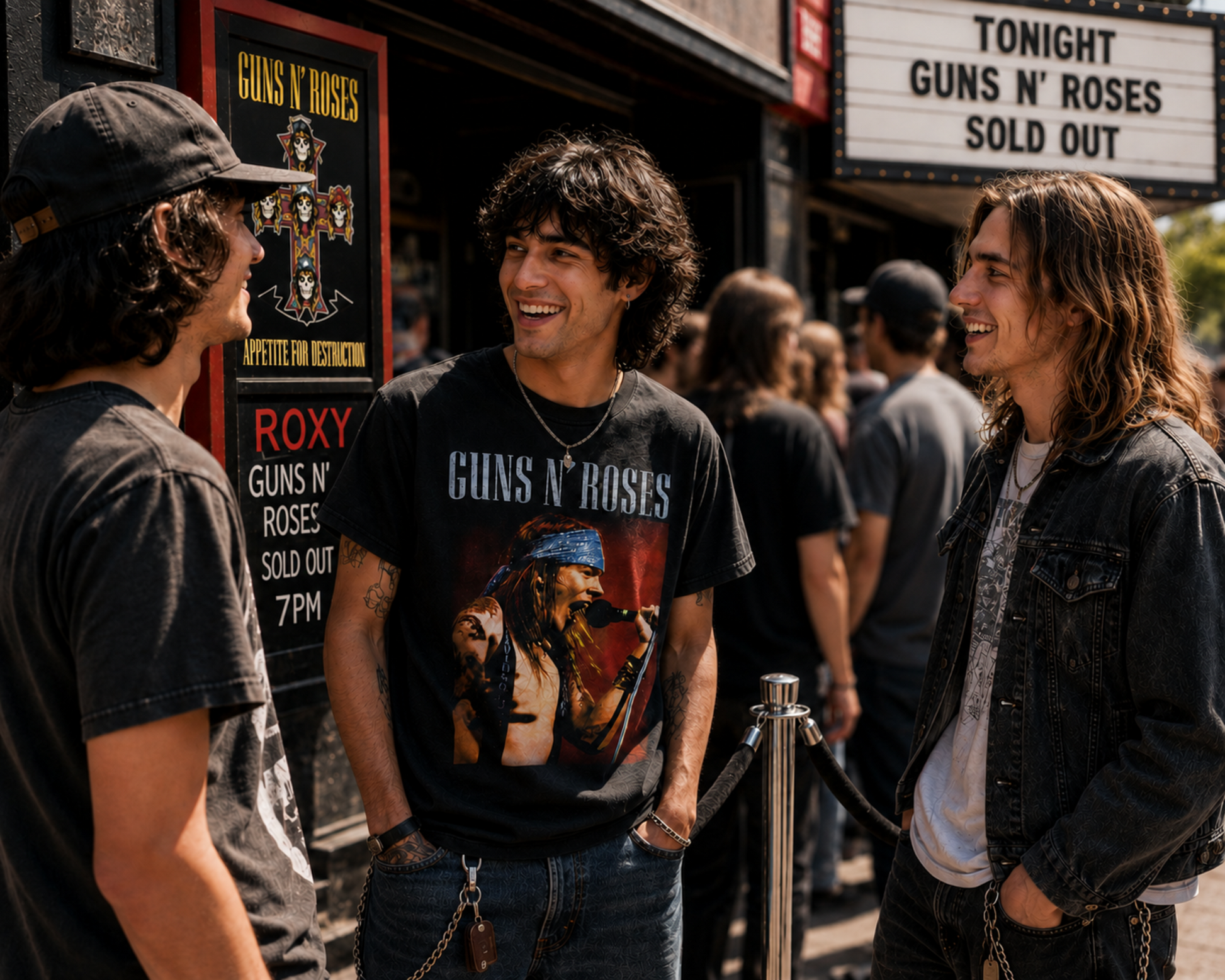 Guns N’ Roses Axl Rose black graphic T-shirt worn while browsing a record store, featuring his blue bandana and live microphone performance—a standout shirt for GNR and hard rock fans.