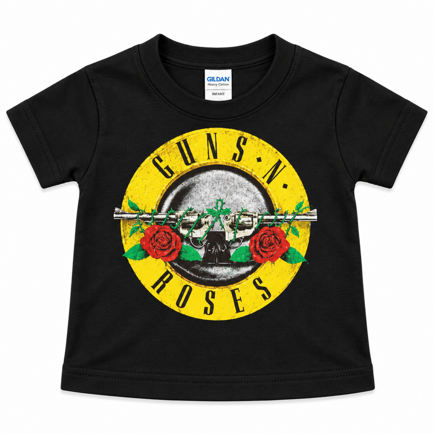 Guns N' Roses Double Guns logo black infant graphic T-shirt with crossed revolvers and roses, available in sizes 6M-24M.