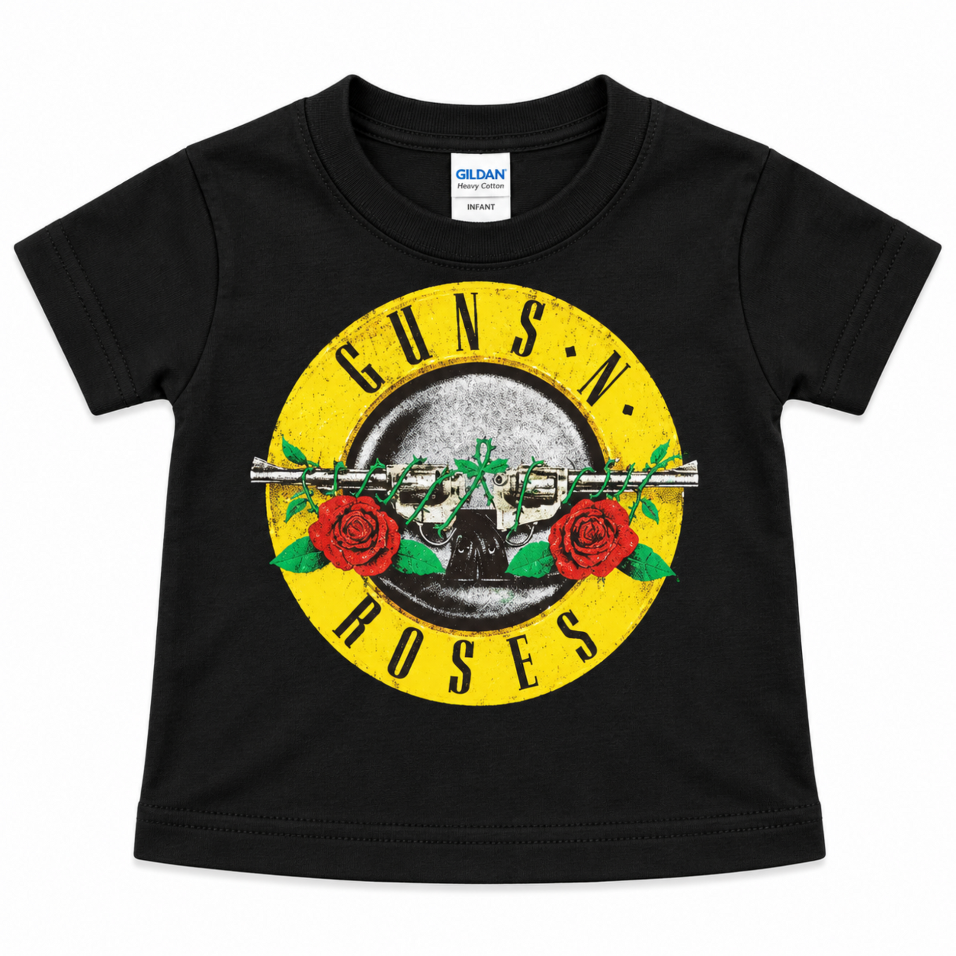 Guns N' Roses Double Guns logo black infant graphic T-shirt with crossed revolvers and roses, available in sizes 6M-24M.