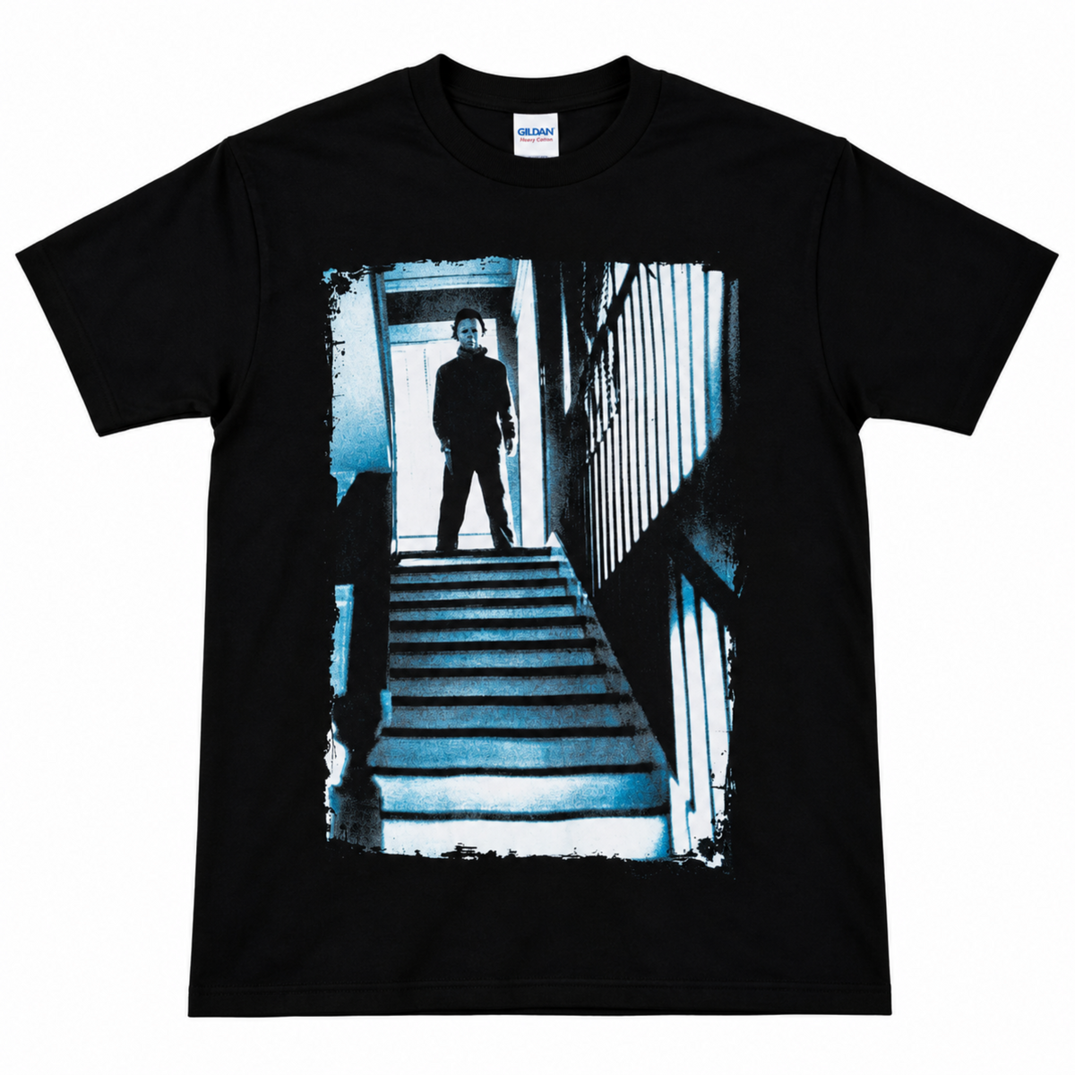 Halloween Michael Myers black graphic T-shirt featuring Michael Myers standing at the top of a staircase, silhouetted against a bright doorway in the original film scene.