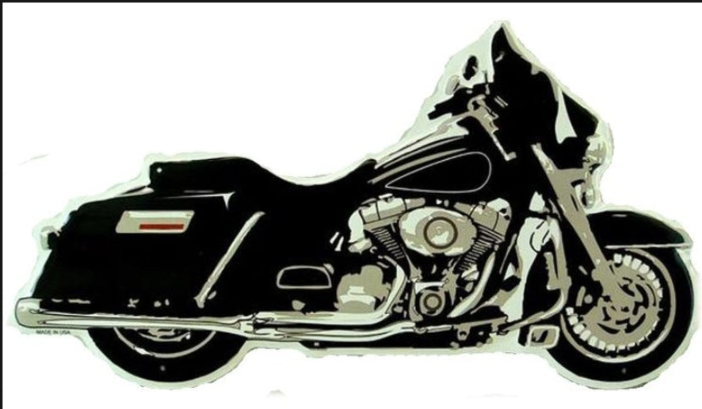 Harley-Davidson touring motorcycle embossed aluminum sign featuring a classic road bike silhouette, 22 inch by 12 inch.