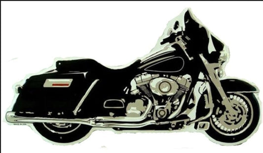 Harley-Davidson touring motorcycle embossed aluminum sign featuring a classic road bike silhouette, 22 inch by 12 inch.