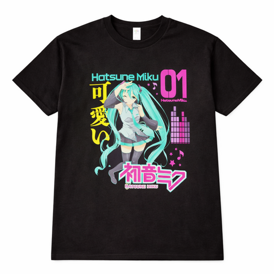 Black Hatsune Miku 01 Vocaloid graphic T-shirt featuring Miku with turquoise twin-tails, Japanese 初音ミク lettering and bright neon pink, teal and yellow artwork.
