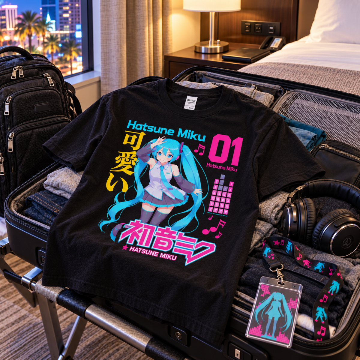 Hatsune Miku 01 black T-shirt laid across an open suitcase in a hotel room, featuring Miku, Japanese lettering and bright neon Vocaloid artwork.