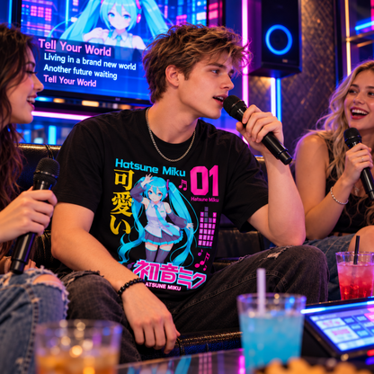 Man wearing the Hatsune Miku 01 black T-shirt while singing karaoke with friends, featuring Miku, the 01 designation and colorful Japanese artwork.