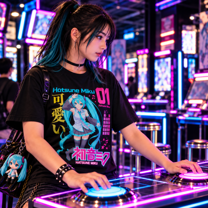 Woman wearing the Hatsune Miku 01 black T-shirt while playing a neon rhythm arcade game, featuring Miku, Japanese lettering and bright Vocaloid artwork.