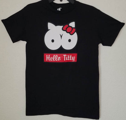 Hello Titty funny graphic T-shirt parody-style bow character design unisex apparel sizes S–2XL