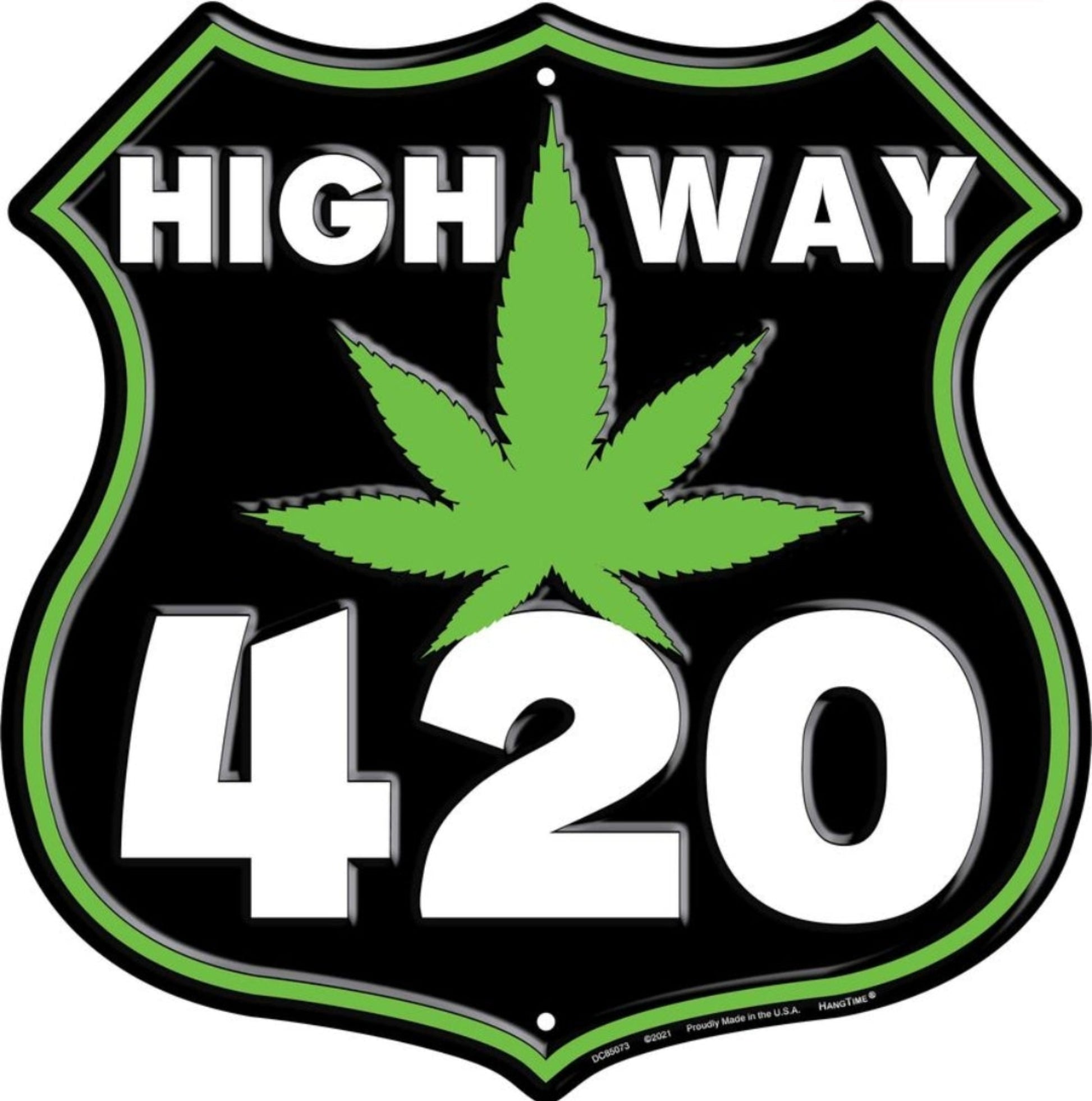 Highway 420 embossed aluminum shield sign with green cannabis leaf, 12 inch size.