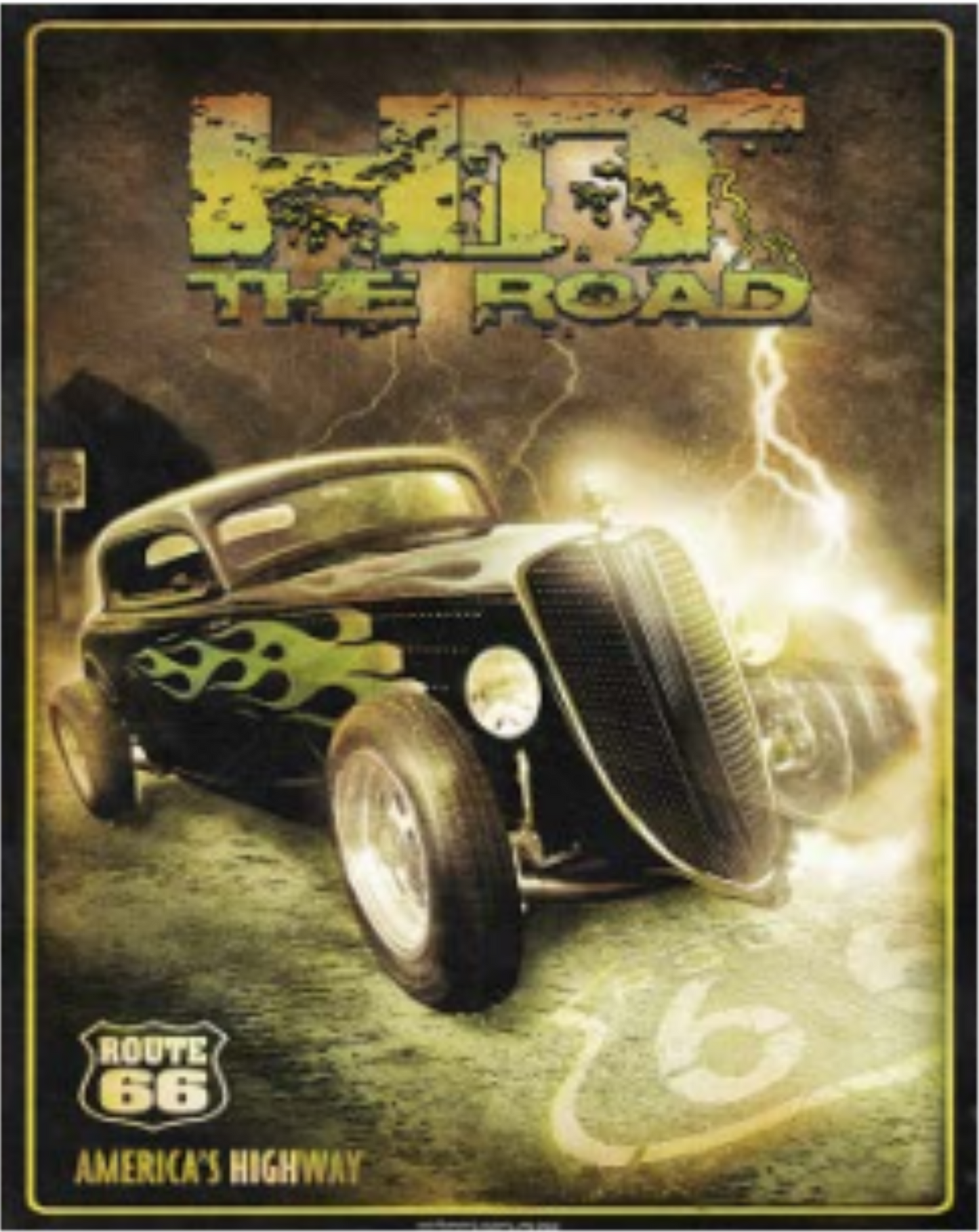 Hit the Road Route 66 vintage hot rod tinplate steel metal sign with distressed automotive artwork, 12 inches wide by 15 inches tall.