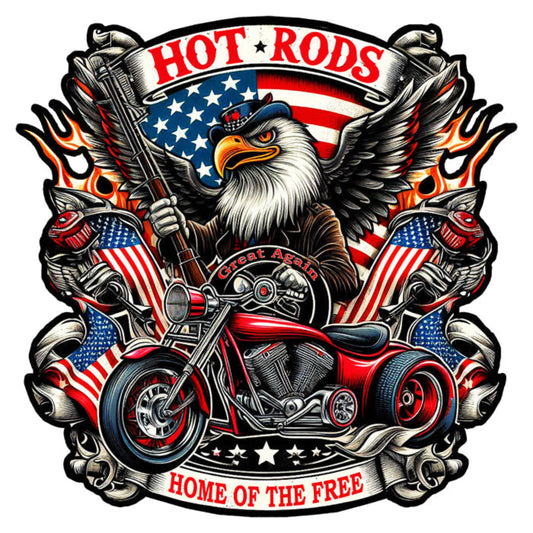 “Hot Rods – Home of the Free” laser-cut steel sign featuring an American eagle on a motorcycle with patriotic flag artwork and flame accents.