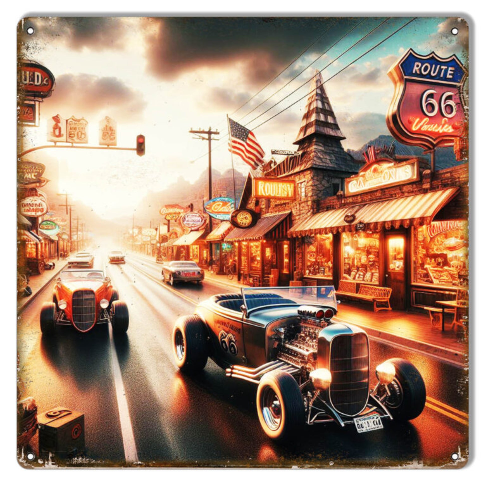 Hot Rods on Route 66 vintage Americana aluminum metal sign featuring custom hot rods cruising beneath glowing neon signs at sunset.