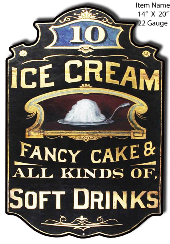 Vintage-style ice cream laser cut metal sign, 14x20 inches, featuring rustic country decor with 'Fancy Cake' and 'Soft Drinks' lettering