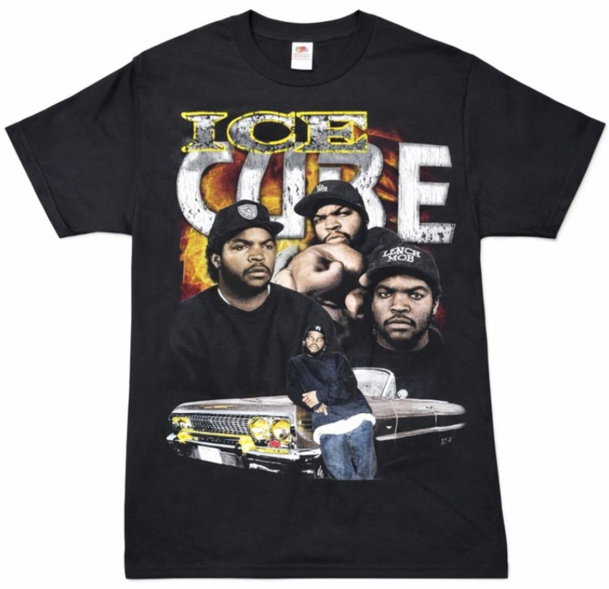 Black “Ice Cube – Lench Mob” T-shirt featuring collage-style design with Ice Cube, lowrider art, and distressed lettering.