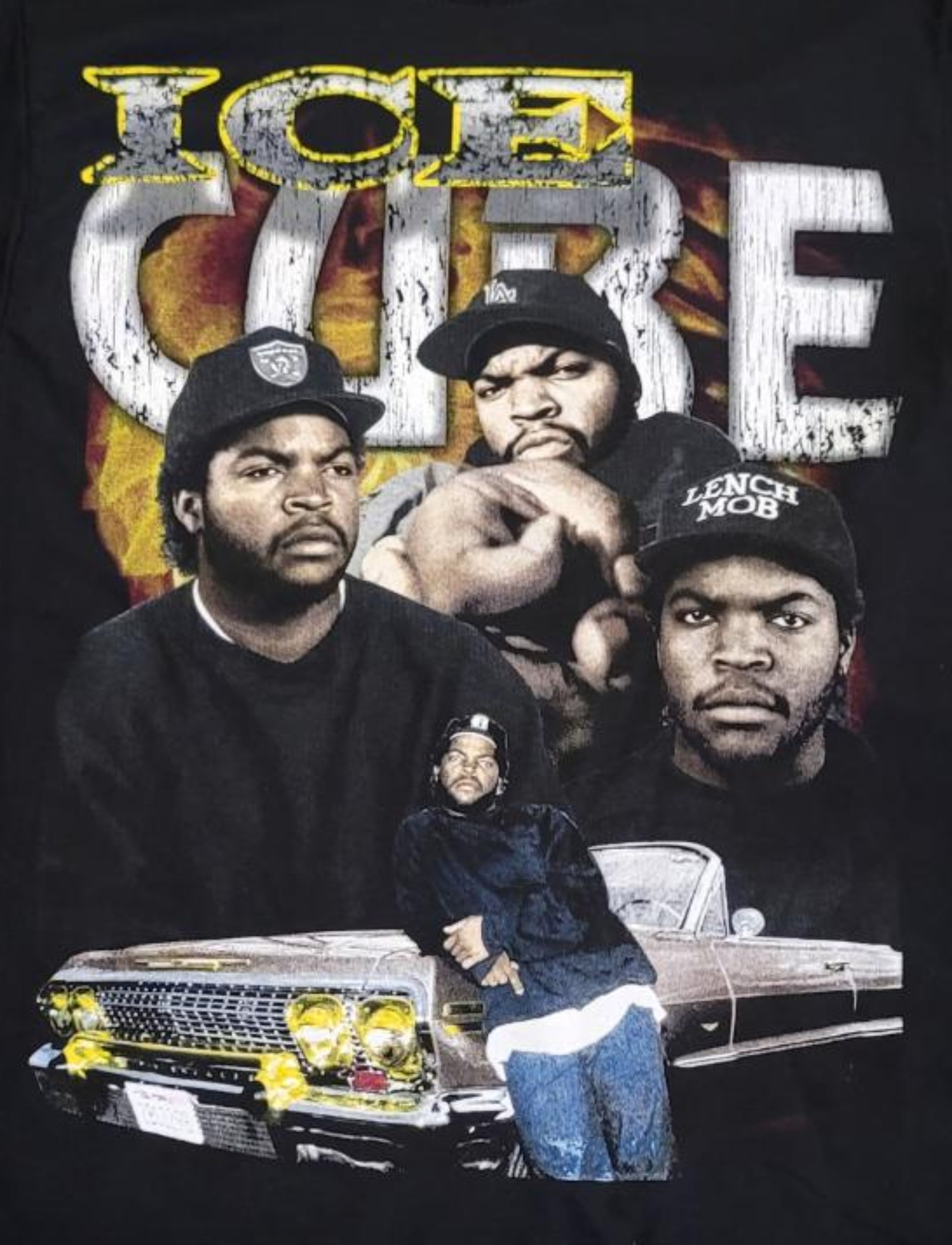Black “Ice Cube – Lench Mob” T-shirt featuring collage-style design with Ice Cube, lowrider art, and distressed lettering.