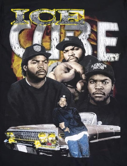 Black “Ice Cube – Lench Mob” T-shirt featuring collage-style design with Ice Cube, lowrider art, and distressed lettering.