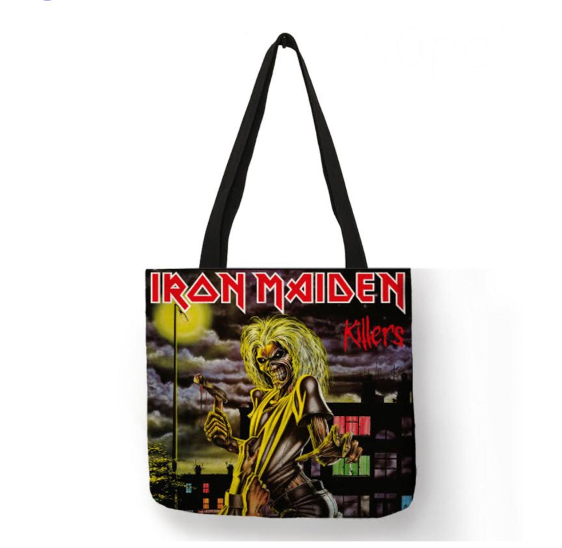 Iron Maiden Killers canvas tote bag with double-sided album artwork featuring Eddie, durable reusable heavy metal tote bag