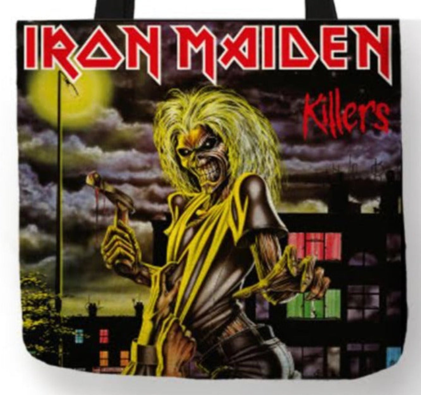 Iron Maiden Killers canvas tote bag with double-sided album artwork featuring Eddie, durable reusable heavy metal tote bag