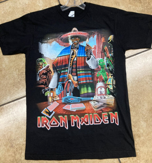 Black “Iron Maiden – Mexican Eddie” T-shirt featuring Eddie in a sombrero and serape with the phrase “Viva Mexico Cabrones.”