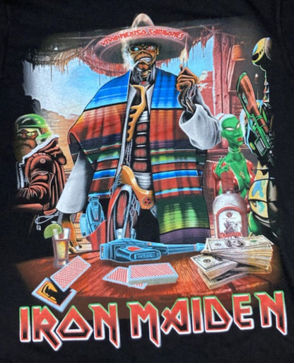 Black “Iron Maiden – Mexican Eddie” T-shirt featuring Eddie in a sombrero and serape with the phrase “Viva Mexico Cabrones.”