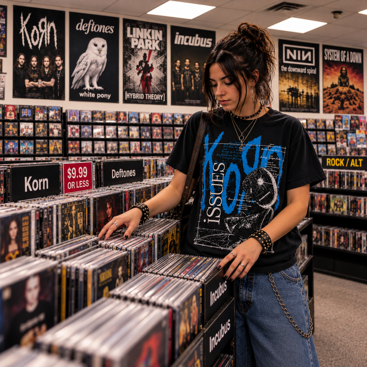Woman wearing the black Issues graphic T-shirt while browsing vinyl in a record store, featuring the large blue ISSUES lettering and illustrated front design.