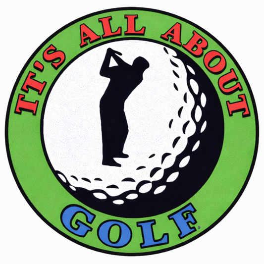 It’s All About Golf embossed round aluminum sign with golfer silhouette, 12" Diameter.
