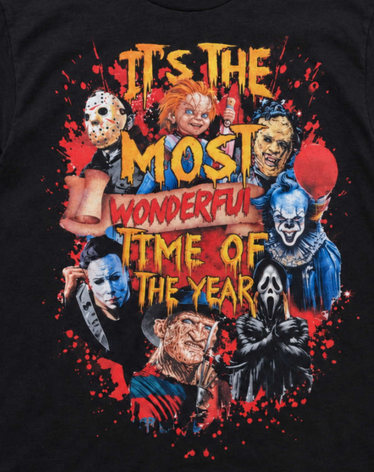 Close-up of the It’s the Most Wonderful Time of the Year horror shirt with Michael Myers, Jason, Freddy, Chucky, Pennywise and Ghostface.
