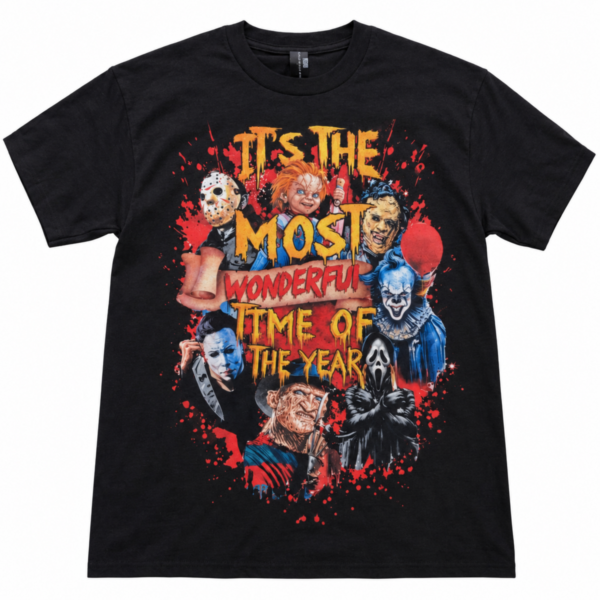 Black It’s the Most Wonderful Time of the Year horror T-shirt featuring Michael Myers, Jason, Freddy, Chucky, Pennywise and Ghostface.