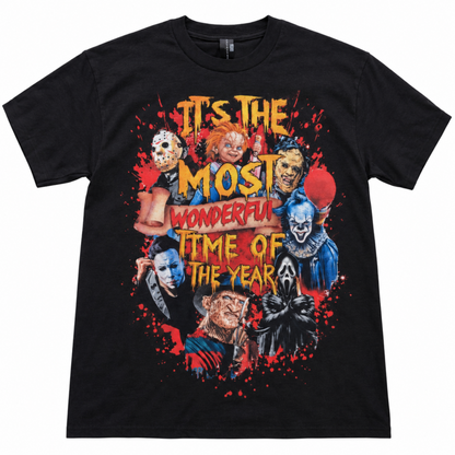 Black It’s the Most Wonderful Time of the Year horror T-shirt featuring Michael Myers, Jason, Freddy, Chucky, Pennywise and Ghostface.