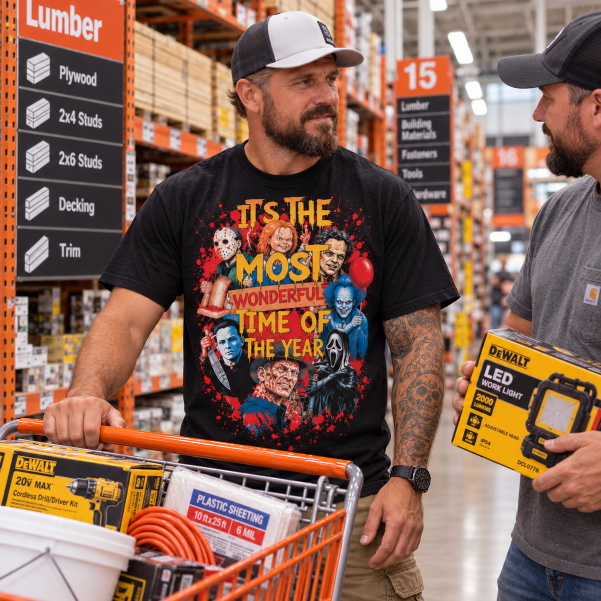 Man wearing the It’s the Most Wonderful Time of the Year horror T-shirt while shopping in a hardware store, featuring Jason, Chucky, Michael Myers, Pennywise, Freddy and Ghostface.