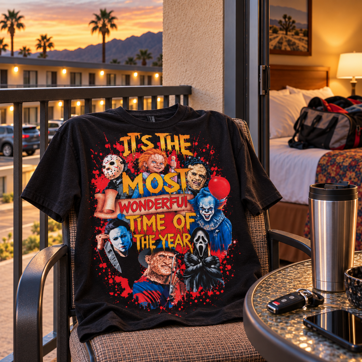 It’s the Most Wonderful Time of the Year horror T-shirt displayed on a motel balcony, featuring Jason, Chucky, Michael Myers, Pennywise, Freddy and Ghostface.