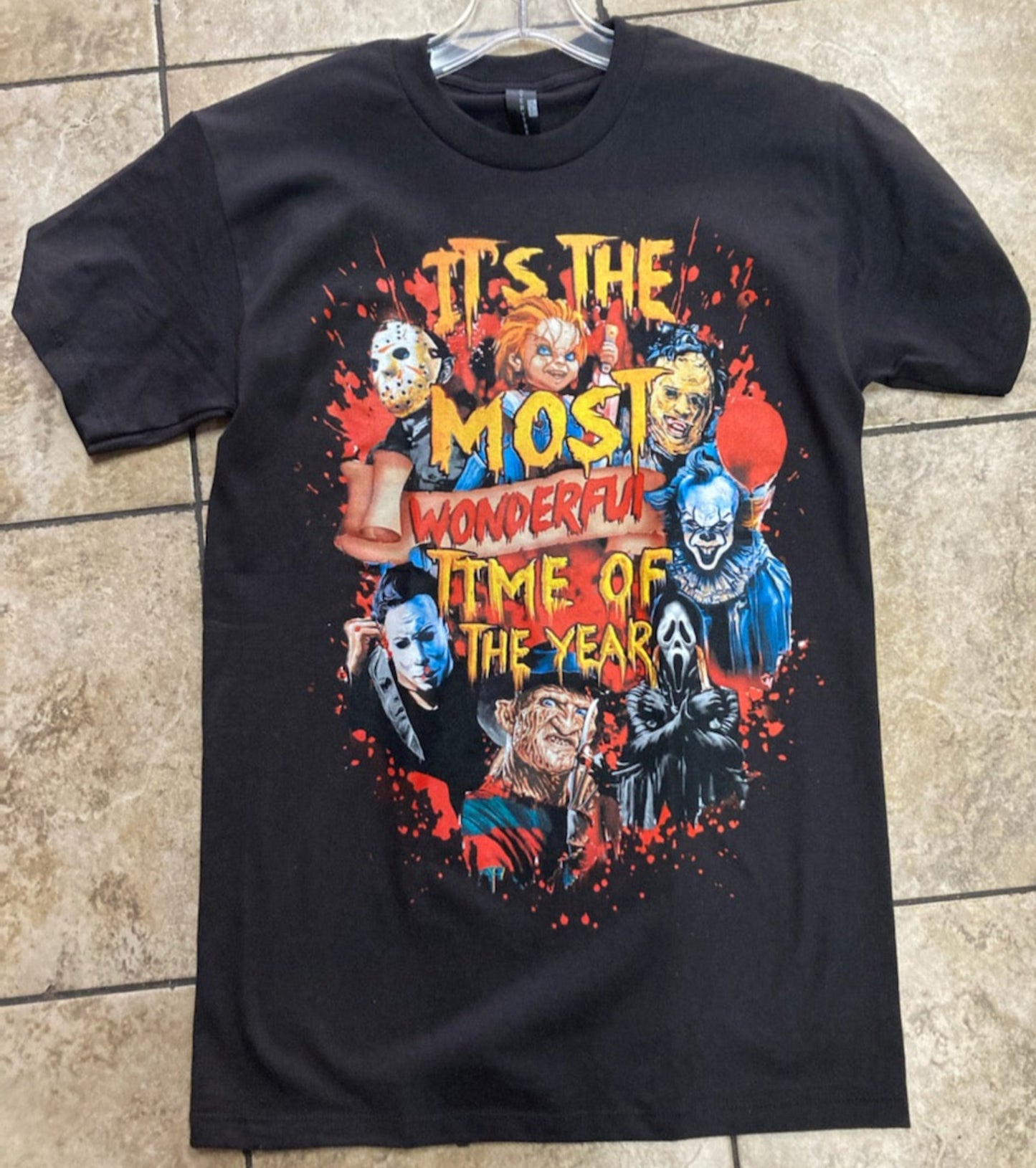 Black horror t-shirt featuring classic villains with “It’s The Most Wonderful Time Of The Year” print. Soft cotton, unisex fit, Small–2XL.