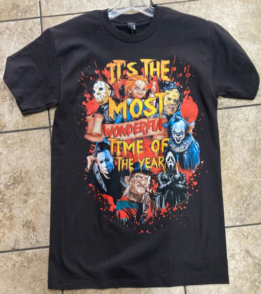 Black horror t-shirt featuring classic villains with “It’s The Most Wonderful Time Of The Year” print. Soft cotton, unisex fit, Small–2XL.