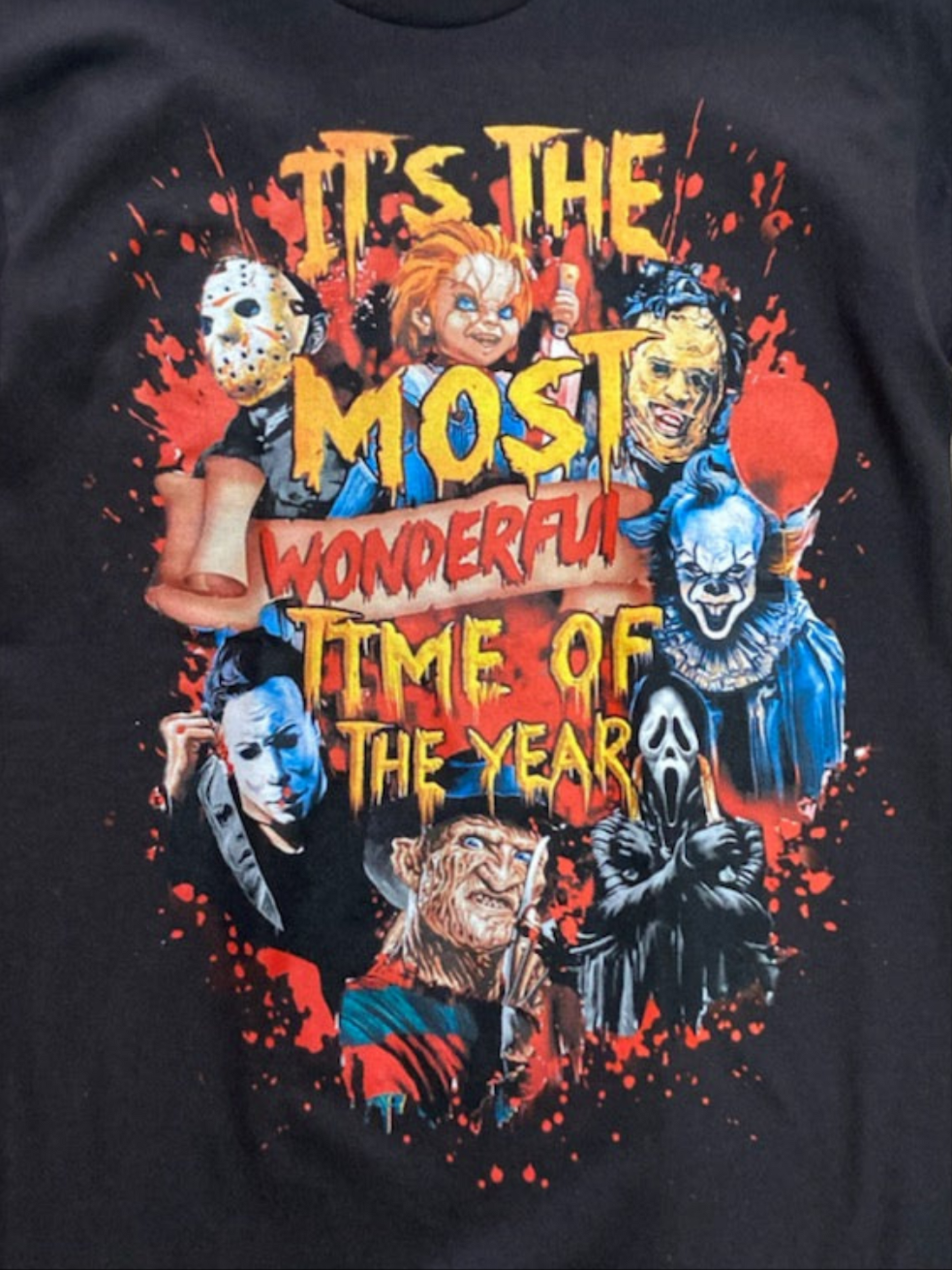 Black horror t-shirt featuring classic villains with “It’s The Most Wonderful Time Of The Year” print. Soft cotton, unisex fit, Small–2XL.