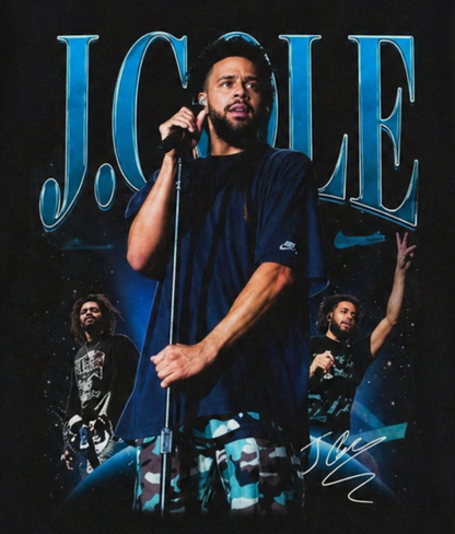 Black adult unisex J. Cole Live Performance hip-hop T-shirt featuring a collage of live performance images with bold blue artwork, available in sizes S–3XL.