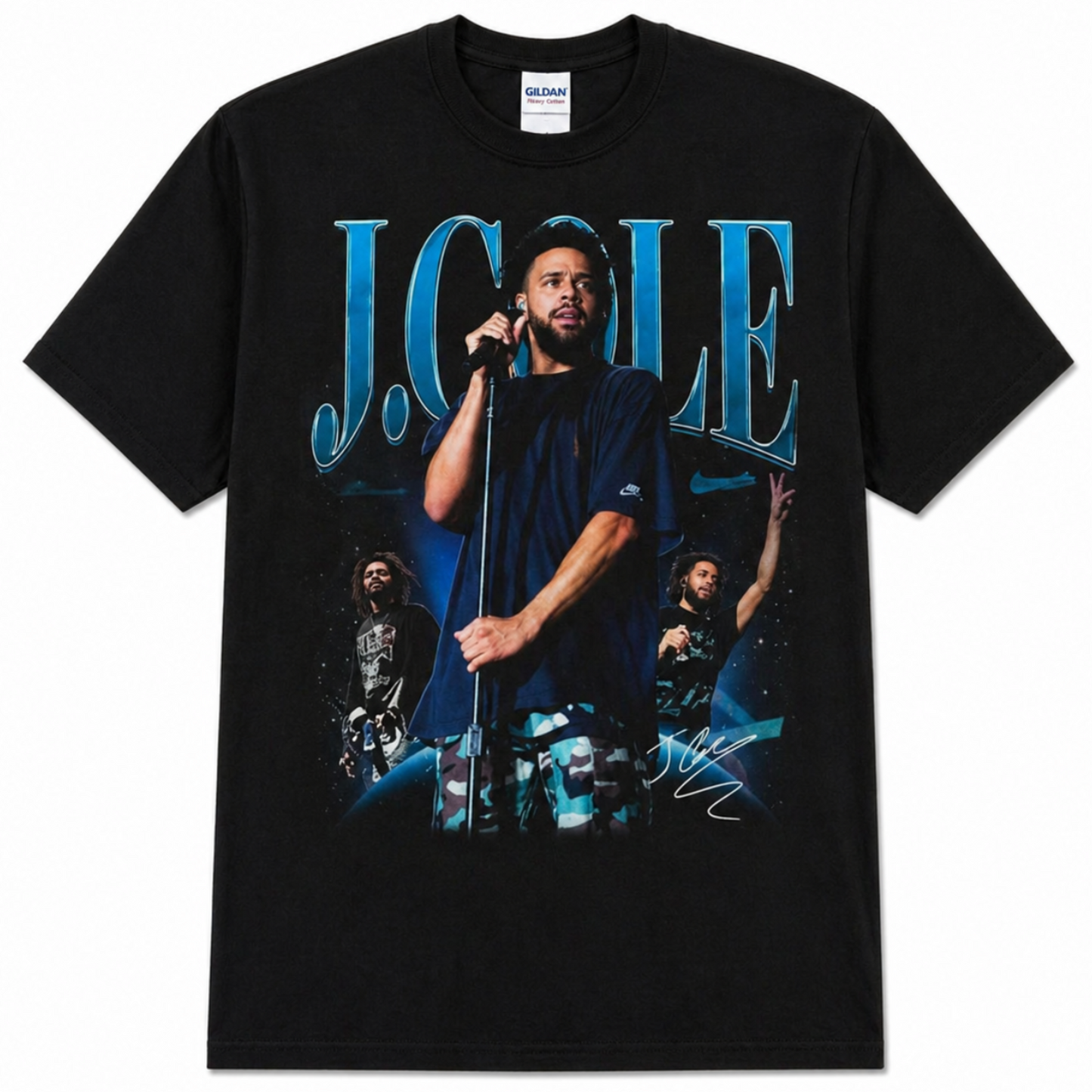 Black adult unisex J. Cole Live Performance hip-hop T-shirt featuring a collage of live performance images with bold blue artwork, available in sizes S–3XL.